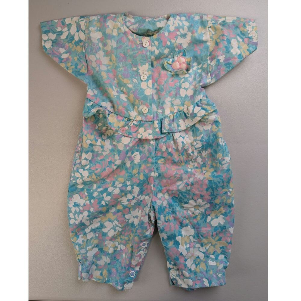 Vtg Floral Baby Romper Newborn Short Sleeve Pink Blue Mayfair Artsy Girly Cute